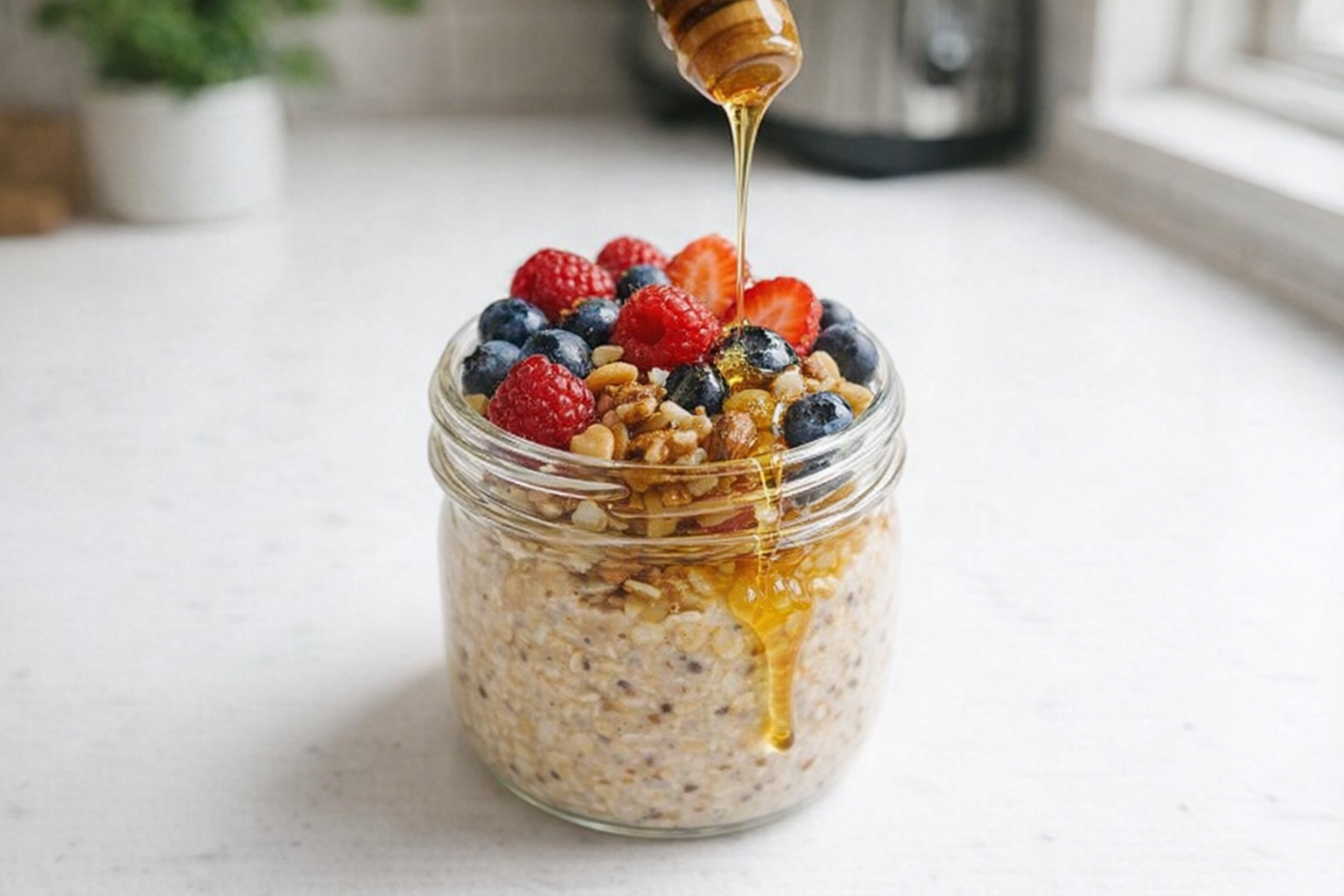 A top-down shot of a glass jar filled with layered overnight oats, topped with fresh berries, nuts, and a drizzle of honey, on a bright white countertop
